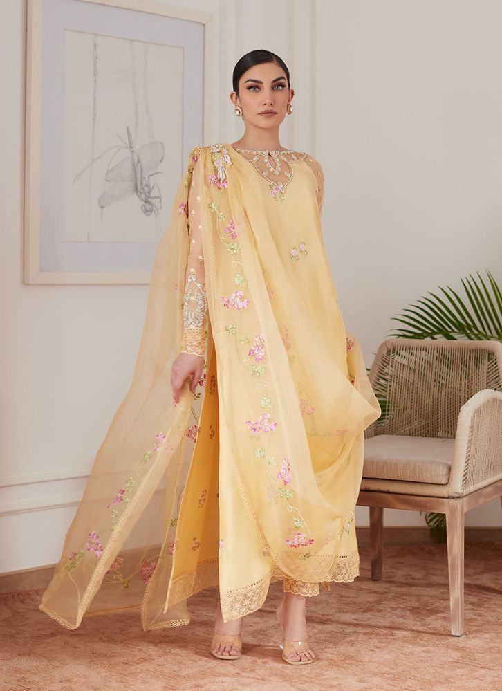 Picture of Cyrilla Pale Yellow Embroidered Raw Silk Shirt With Draped Dupatta