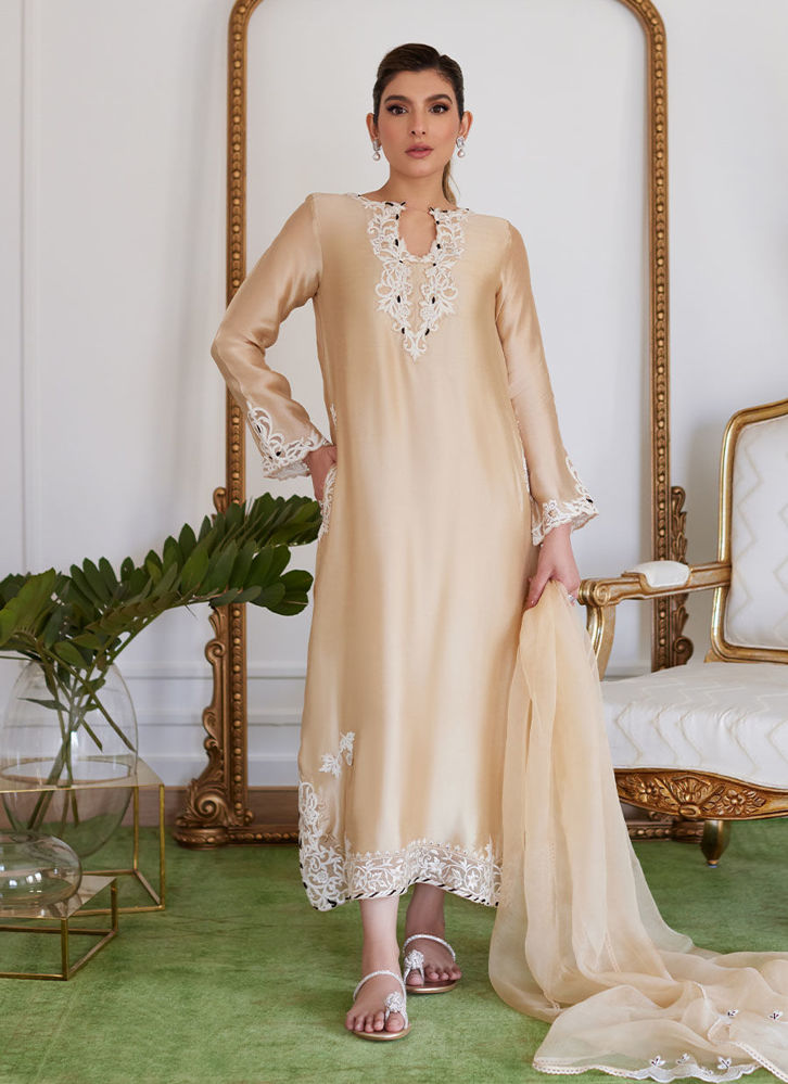 Picture of Melvina Champagne Beige Embroidered Shisha Silk Shirt With Dupatta