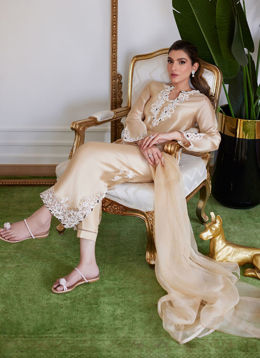 Melvina Champagne Beige Embroidered Shisha Silk Shirt With Dupatta