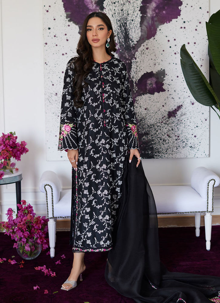 Picture of Vittoria Black Embroidered Raw Silk Shirt With Dupatta