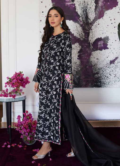 Vittoria Black Embroidered Raw Silk Shirt With Dupatta