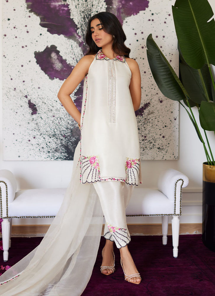 Picture of Genevive Pearl White Embroidered Raw Silk Shirt With Dupatta