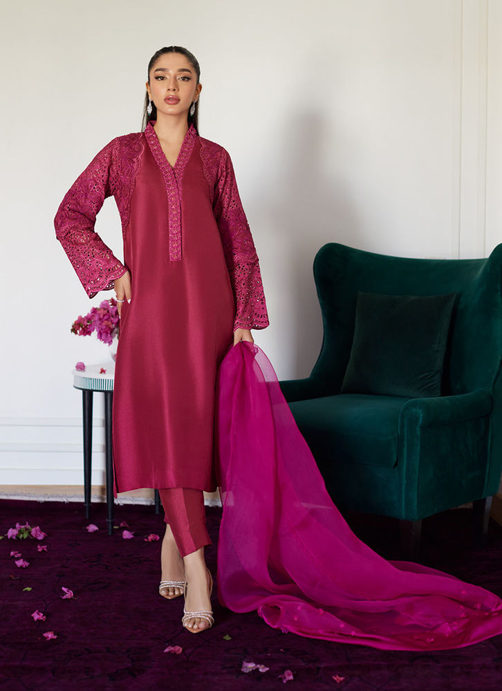 Picture of Honorine Magenta Embroidered Raw Silk Shirt With Dupatta