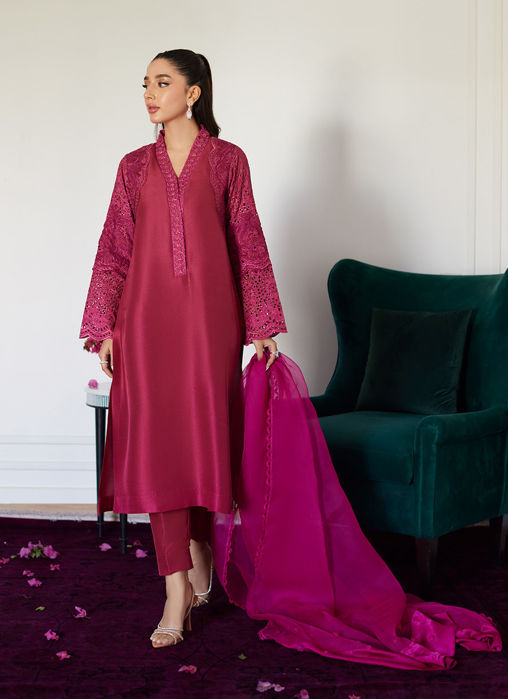 Honorine Magenta Embroidered Raw Silk Shirt With Dupatta