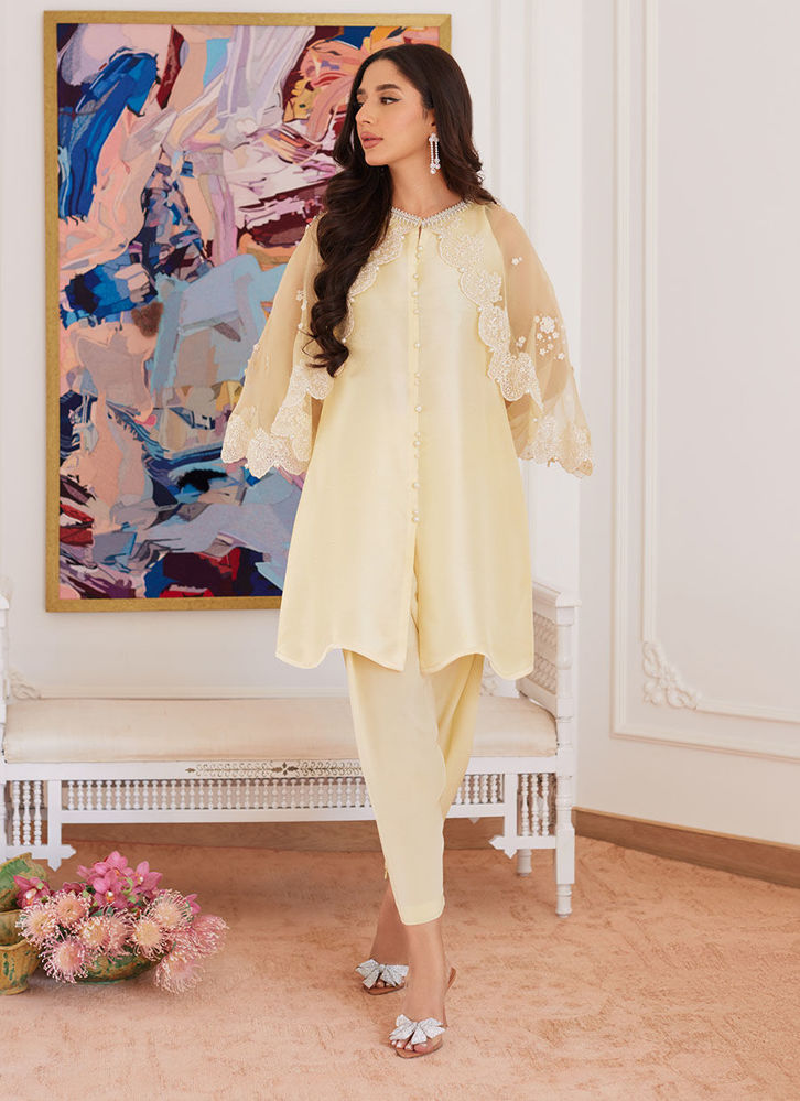 Picture of Esmeralda Pastel Yellow Raw Silk Shirt With Attached Cape