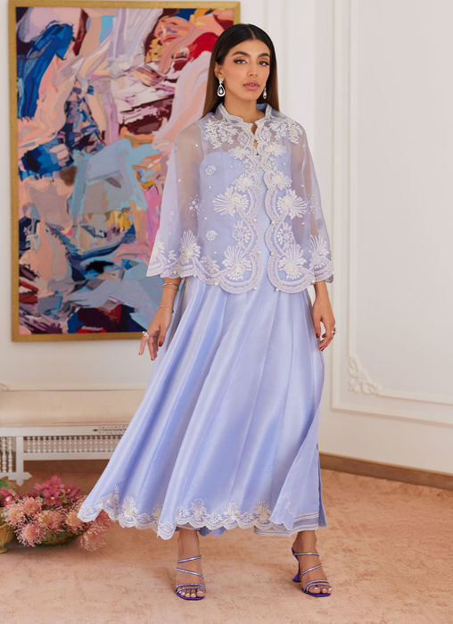 Fleur Lavender Embroidered Raw Silk Shirt With Cape