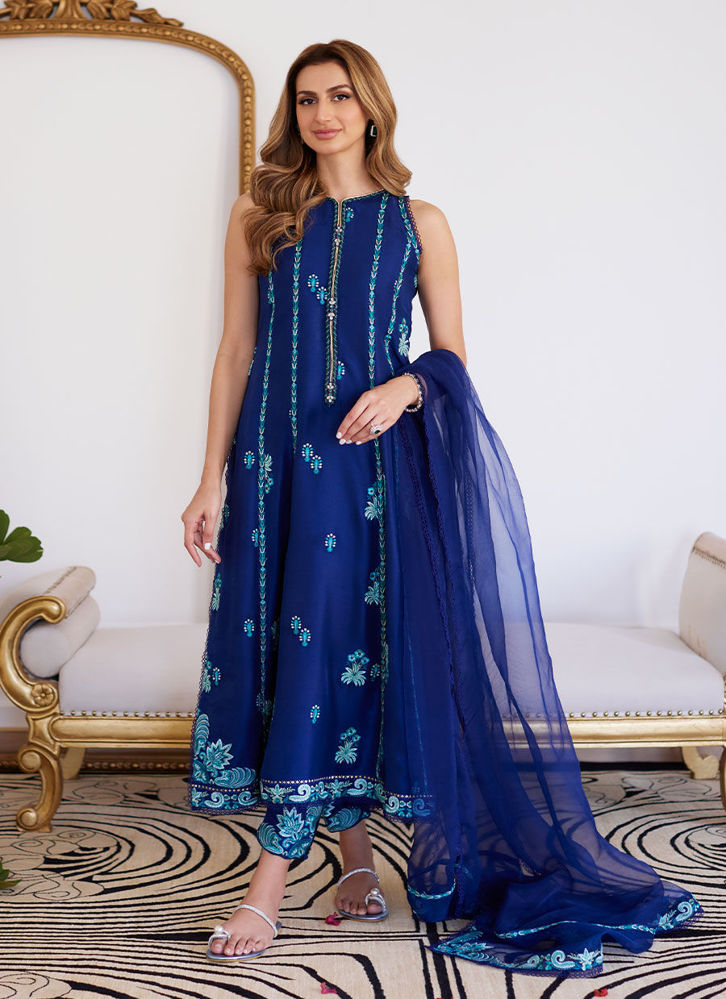 Picture of Elsyee Royal Blue Embroidered Raw Silk Shirt With Dupatta