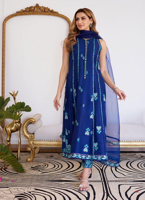 Elsyee Royal Blue Embroidered Raw Silk Shirt With Dupatta