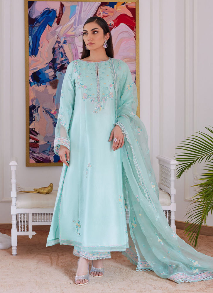 Picture of Aurella Mint Embroidered Raw Silk Shirt With Dupatta