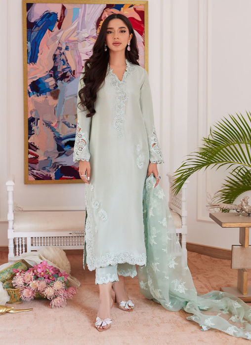 Liara Pistachio Embroidered Raw Silk Shirt With Dupatta