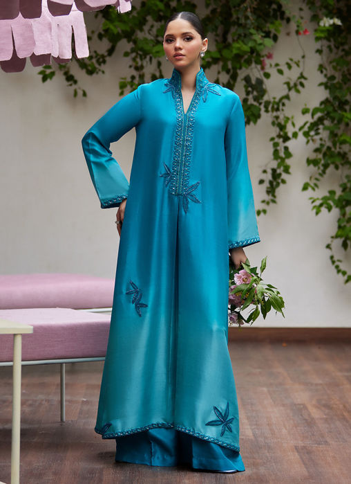 Deeri ombre blue embellished kaftan cut shirt