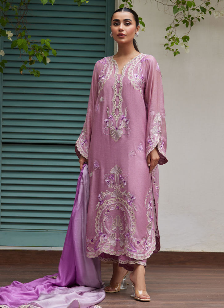 Picture of Ivan Mauve Embroidered Cotton Net Shirt with Medium Silk Dupatta