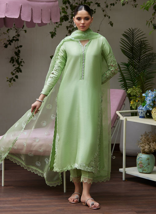 Katya Apple Green Cutwork Raw Silk Shirt with Organza Dupatta