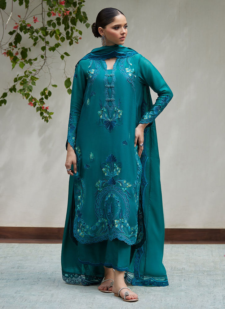 Picture of Leona Emerald Embroidered Cotton Net Shirt with Silk Dupatta