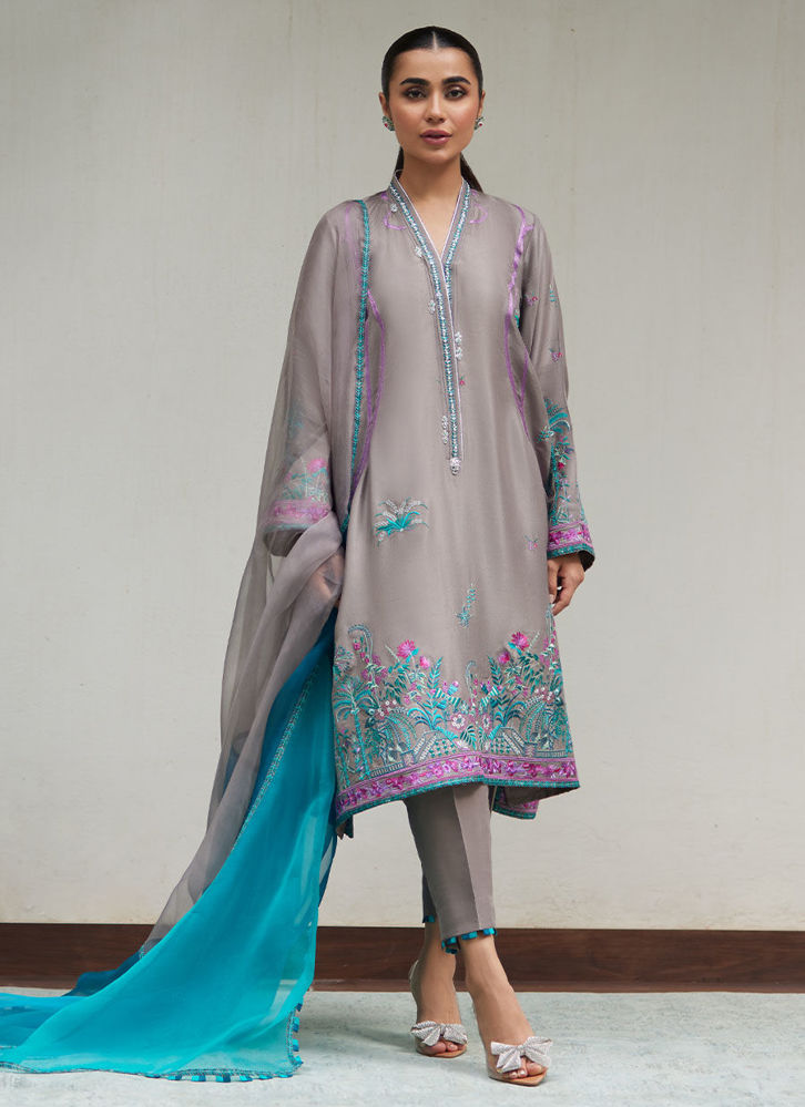 Picture of Natalya Charcoal Embroidered Raw Silk Shirt with Organza Dupatta