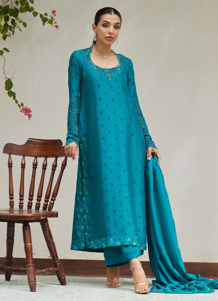 Picture of Persian Green Embroidered and Embellished Raw Silk Shirt with Dupatta