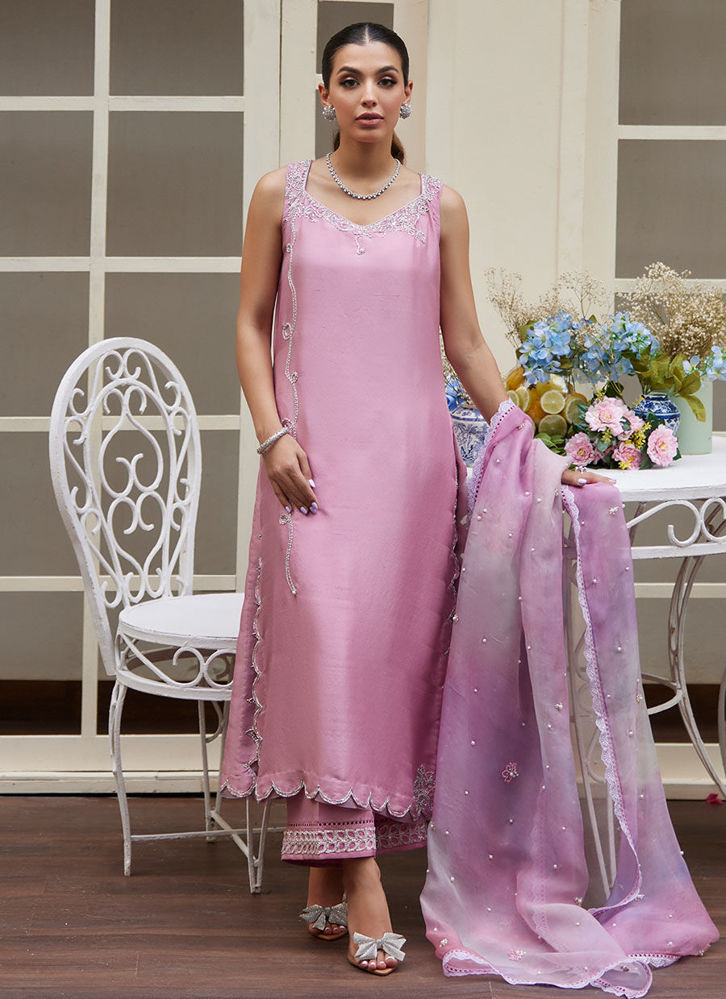 Picture of Ninel Lilac Embellished Raw Silk Shirt with Printed Organza Dupatta