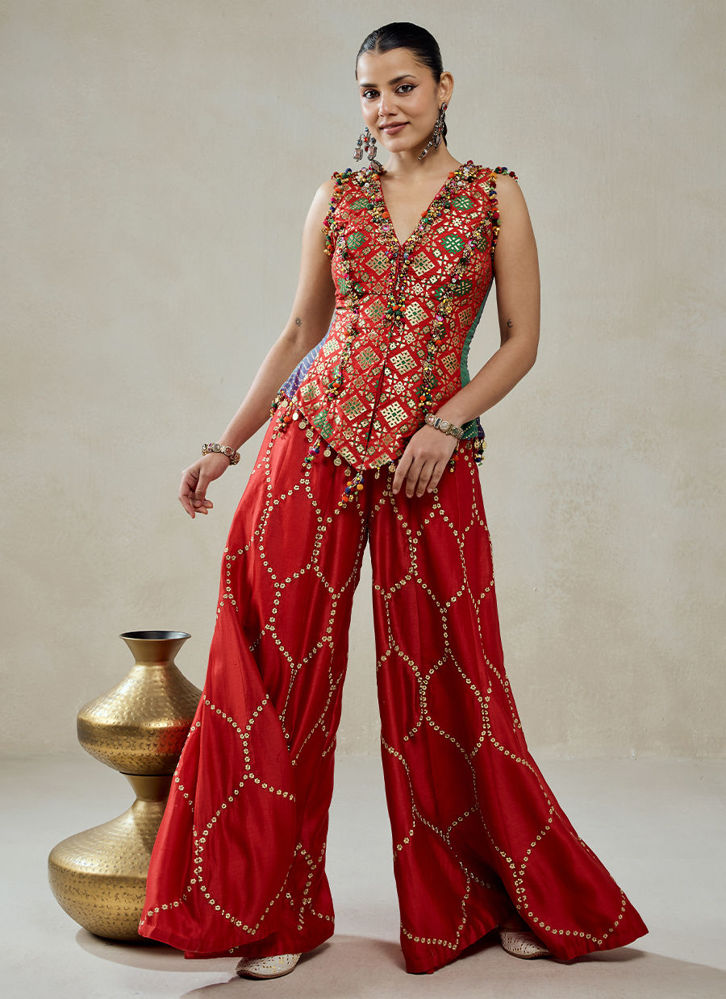 Picture of Red Patola Silk With Worked Sharara Set