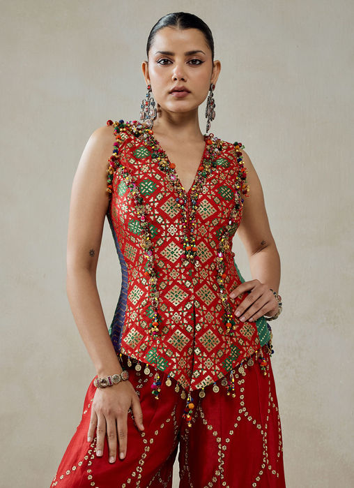 Red Patola Silk With Worked Sharara Set