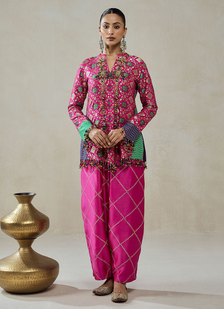Picture of Fuschia Patola Silk Short Jacket Worked Salwar