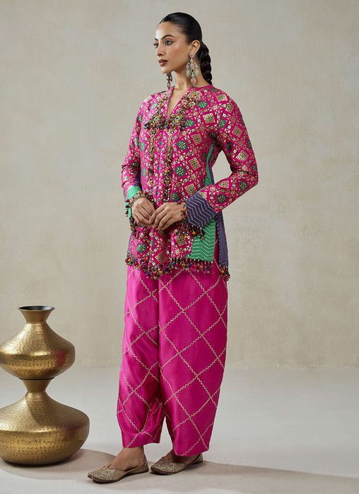 Fuschia Patola Silk Short Jacket Worked Salwar