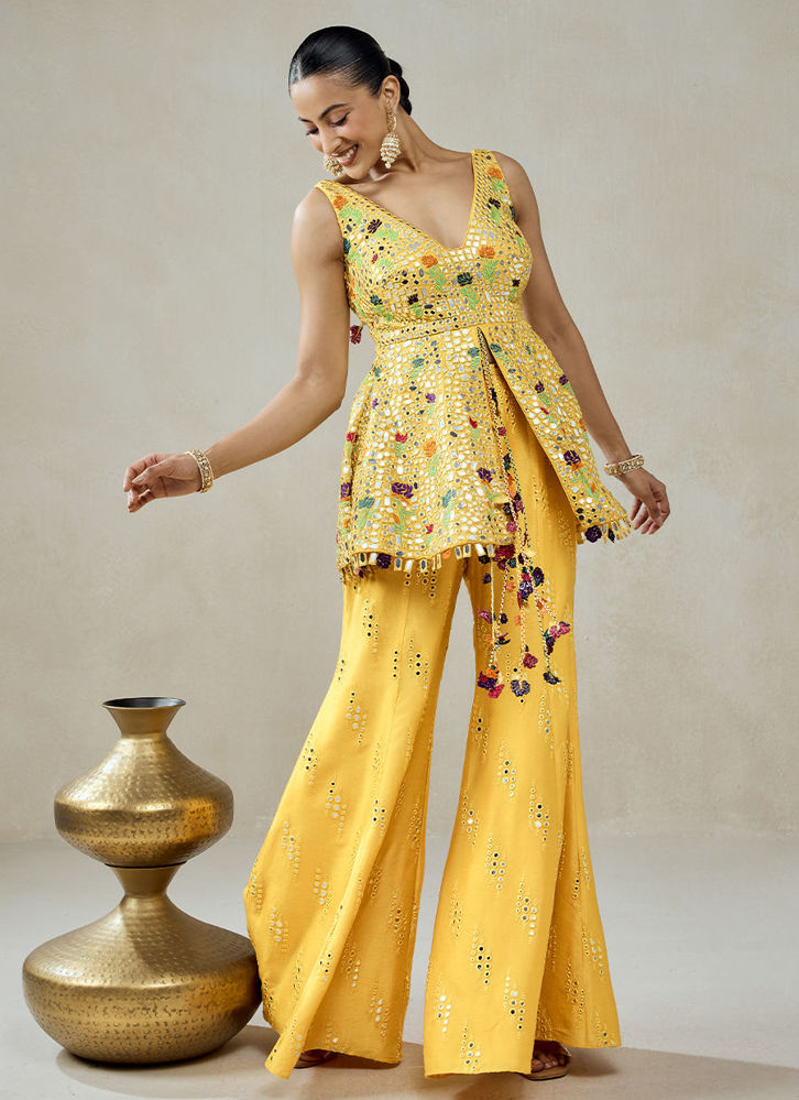 Picture of Yellow Sharara Trouser With Multiresham Patra Peplum Set