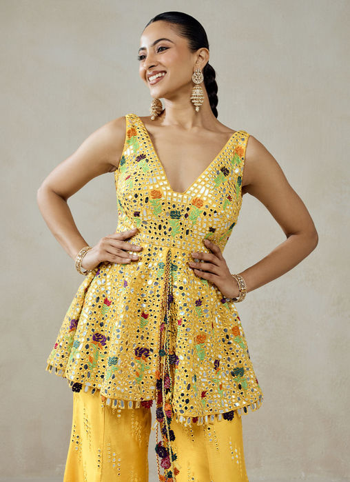 Yellow Sharara Trouser With Multiresham Patra Peplum Set