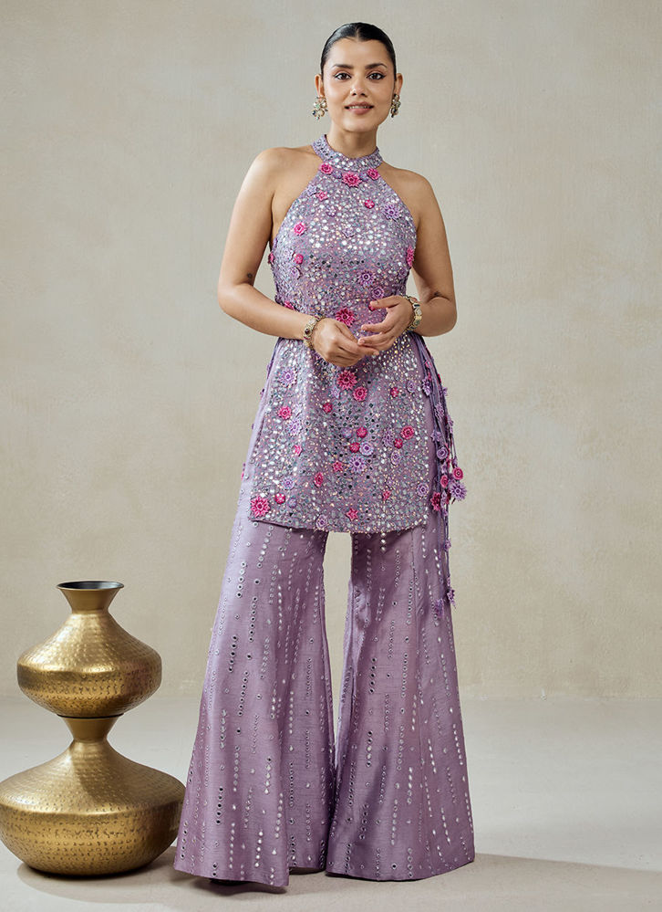 Picture of Mauve Sharara Trouser Halter Neck Kurta Set