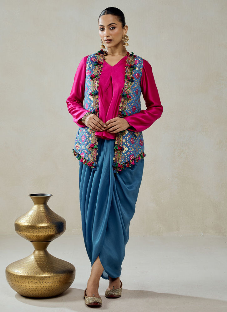 Picture of Royal Blue Patola Short Jacket With Dhoti Skirt Set