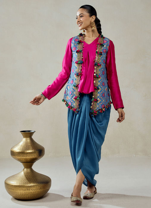 Royal Blue Patola Short Jacket With Dhoti Skirt Set