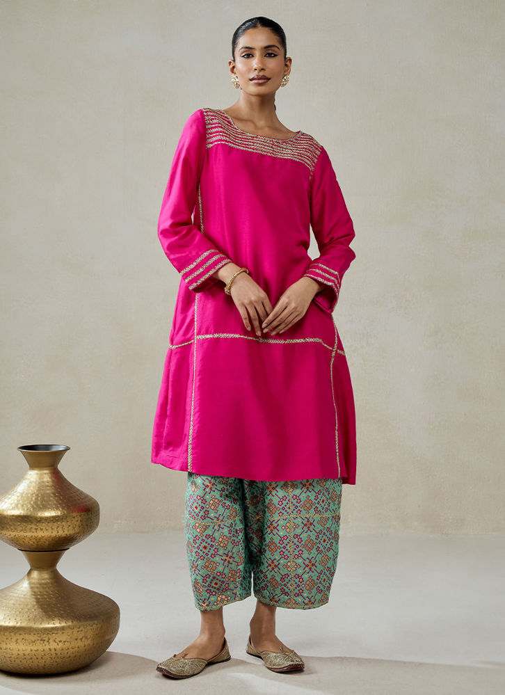 Picture of Fuschia Embroidered Kurta With Aqua Patola Silk Salwar Set