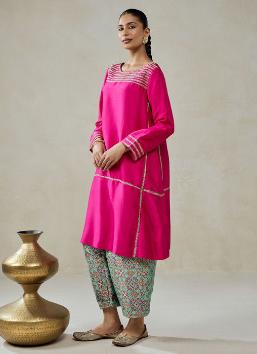 Fuschia Embroidered Kurta With Aqua Patola Silk Salwar Set