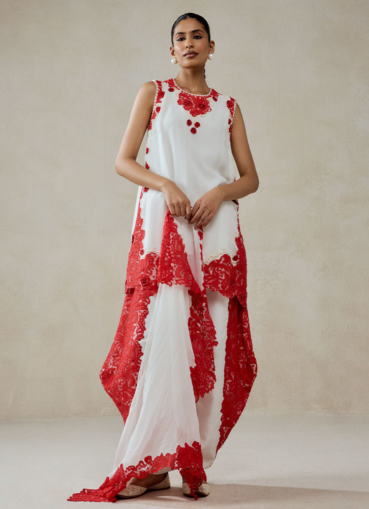 Picture of White Georgette With Red Lace Applique Suit Set