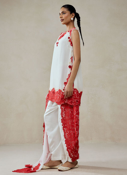 White Georgette With Red Lace Applique Suit Set
