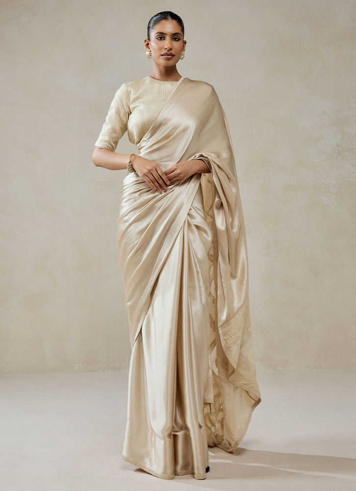 Picture of Ivory Monga Tissue Gold Striped Saree Set