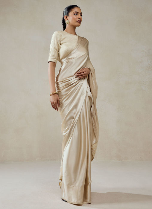 Ivory Monga Tissue Gold Striped Saree Set