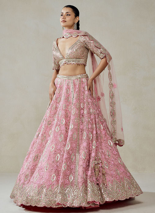 Pink Organza Mirror Work With Multiresham Lehenga Set