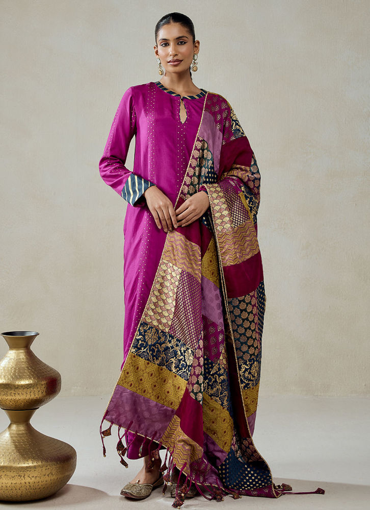 Picture of Wine Salwar Suit With Multicolour Brocade Dupatta Set
