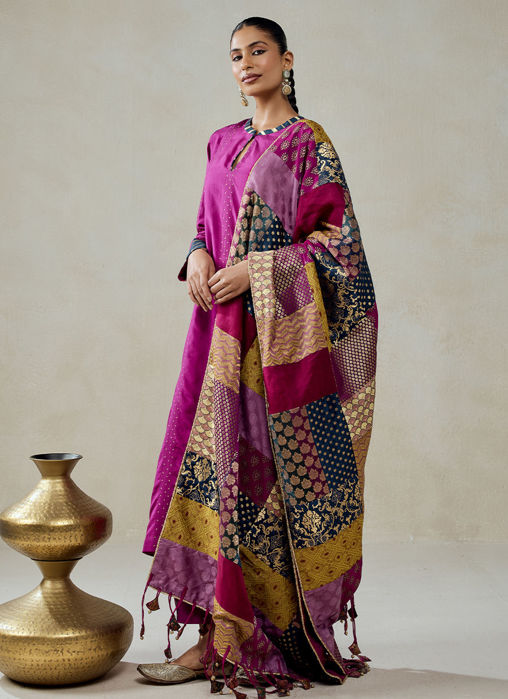 Wine Salwar Suit With Multicolour Brocade Dupatta Set