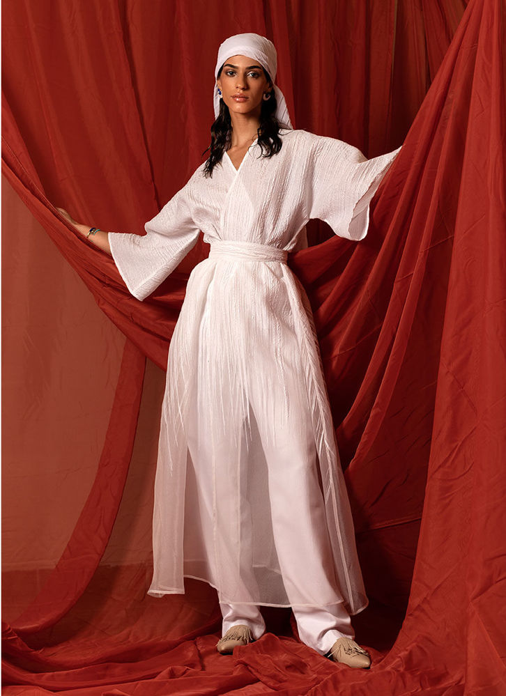 Picture of Organza Brocade White Kaftan With Long Belt