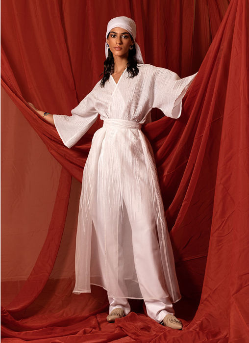 Picture of Organza Brocade White Kaftan With Long Belt