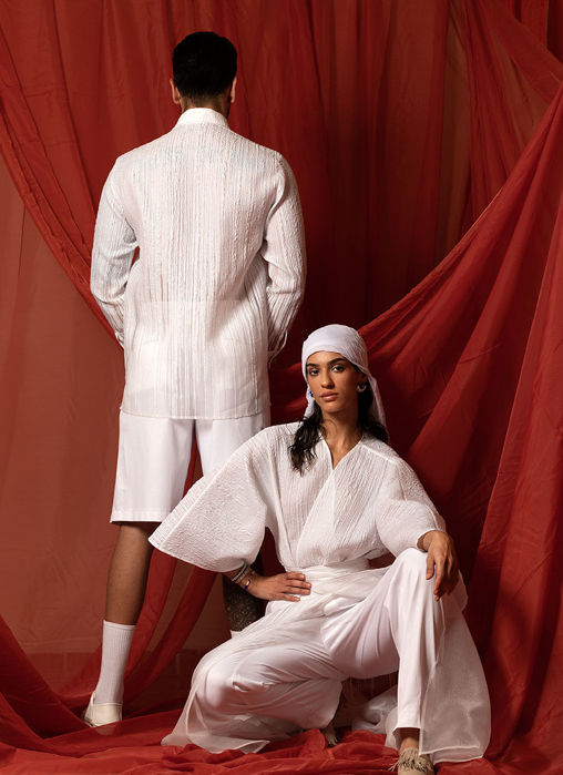 Organza Brocade White Kaftan With Long Belt