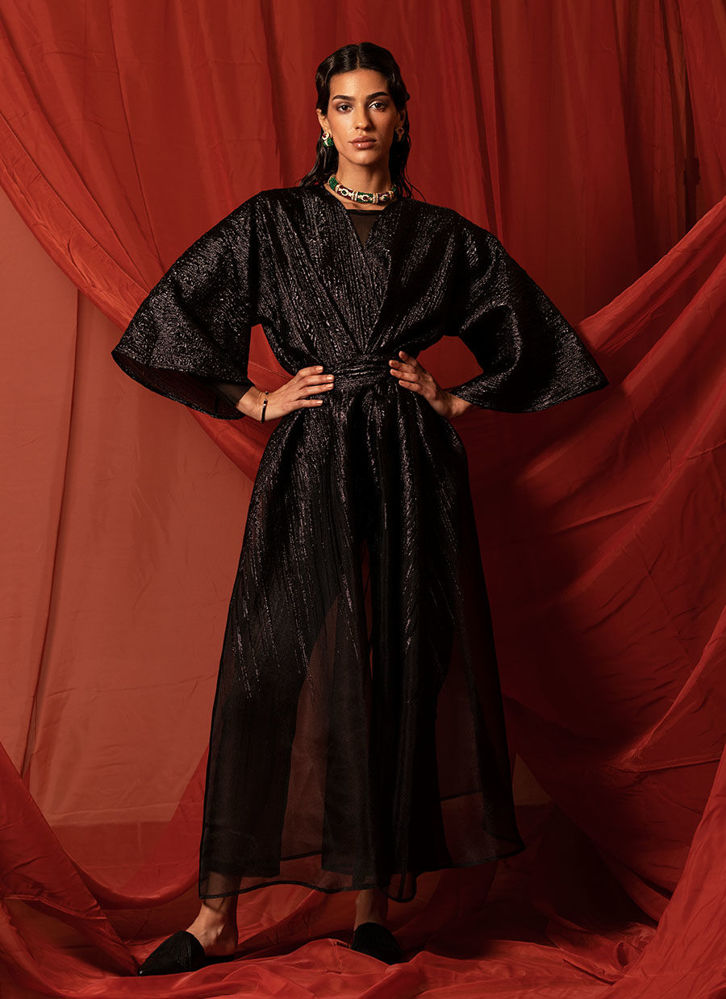 Picture of Organza Brocade Black Kaftan With Long Belt