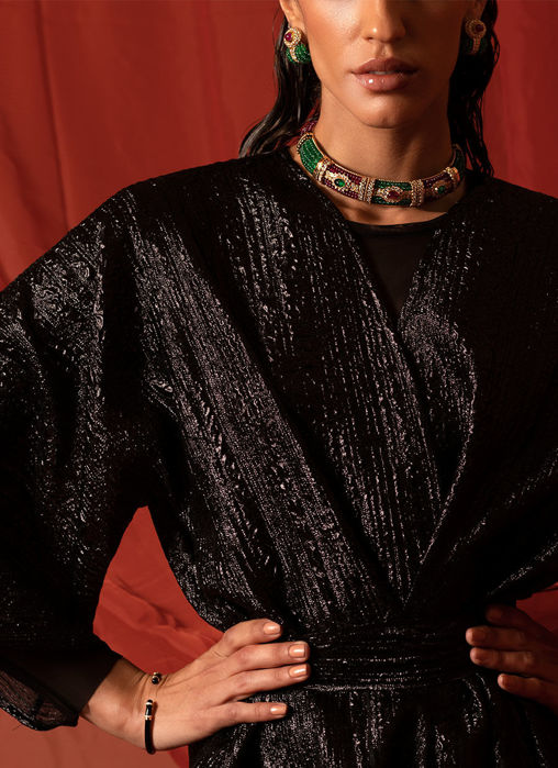 Organza Brocade Black Kaftan With Long Belt