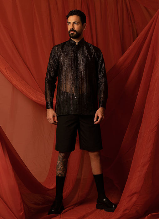 Picture of Organza Brocade White Shirt With Pleated Trousers / Shorts