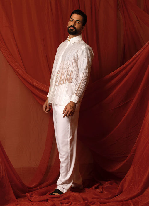 Organza Brocade White Shirt With Pleated Trousers / Shorts