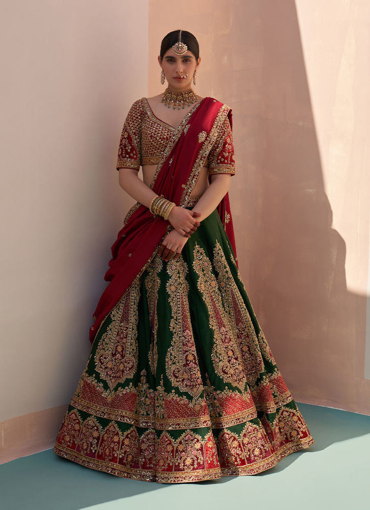 Picture of Bottle Green Double Dupatta Lehenga Set