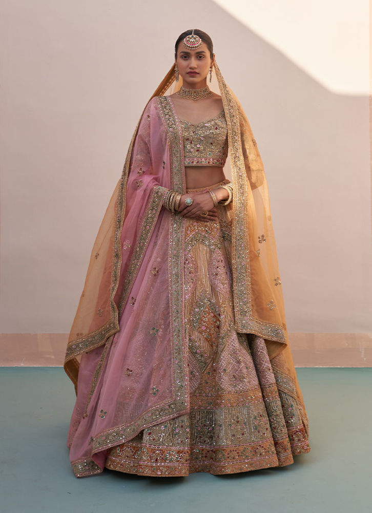 Picture of Gold Organza Double Dupatta Lehenga Set