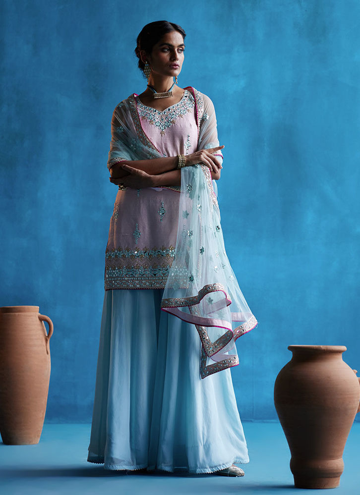 Picture of Ice Blue Sharara With Pink Kurta
