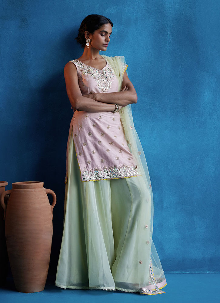 Picture of Lemon Yellow Sharara With Peach Kurta